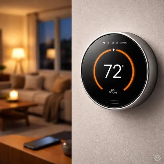 A smart thermostat on a living-room wall in warm evening light