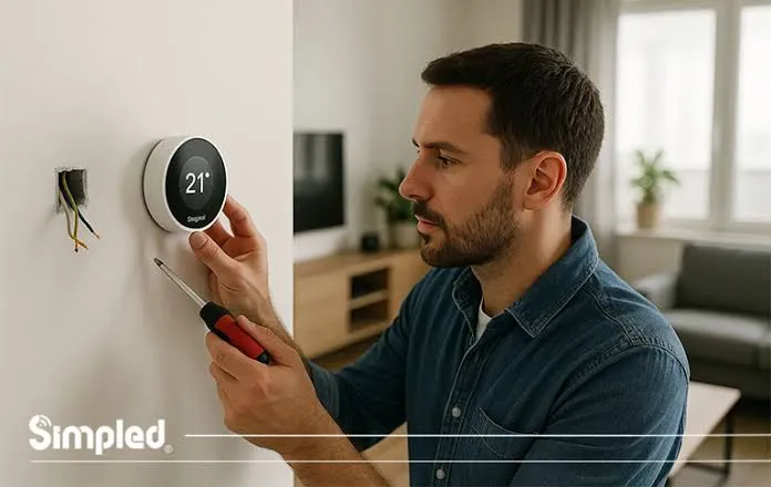Installer fitting a smart thermostat on a living-room wall